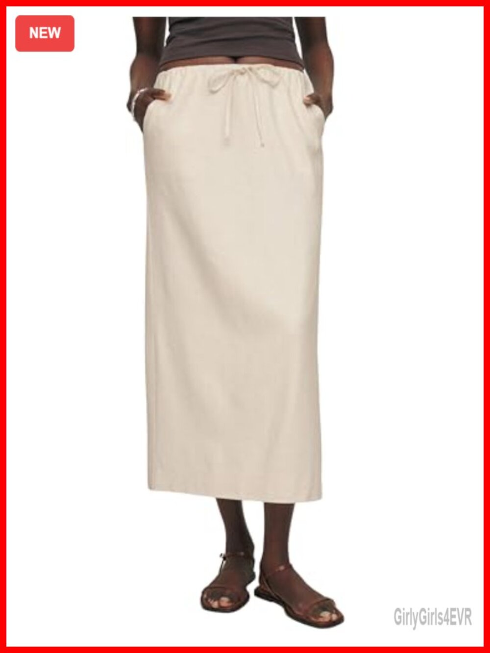 Linen Blend Midi Skirt Elastic Waist Drawstring Slit Pockets